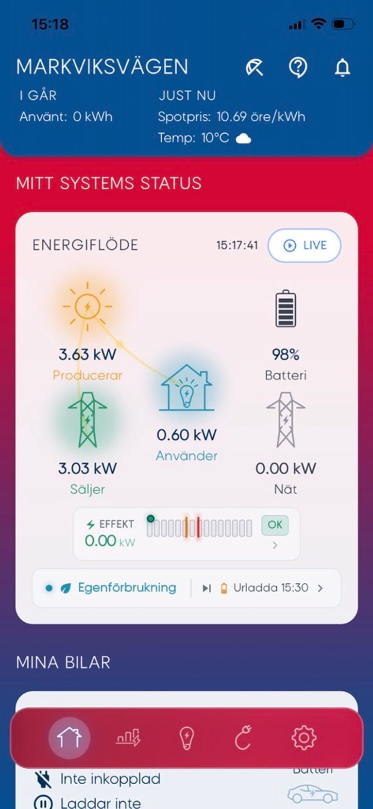 ENEQUI-appen visar energiflöde och systemstatus i din villa